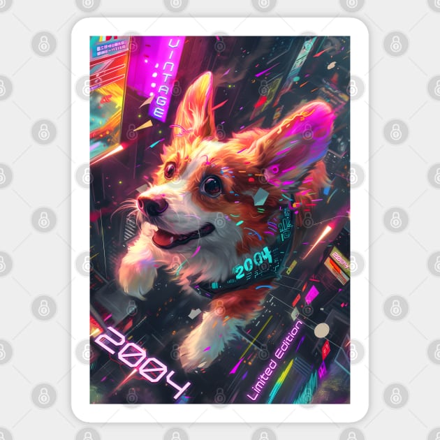 Vintage 2004 - Cyberpunk 20 Year Old Funny Corgi Dog 20th Birthday Sticker by Ai Wanderer